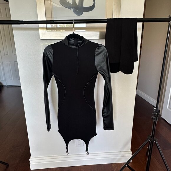 Maniere De Voir Vegan Leather Suspender Dress in Black - Picture 2 of 12